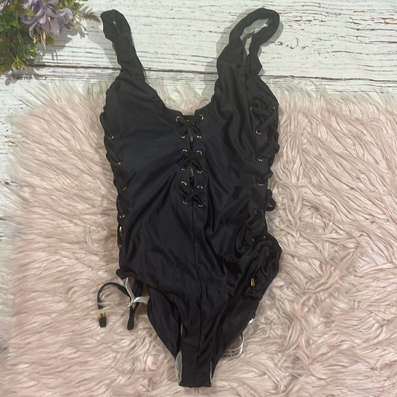 NWT House Of CB Indochine Black lush Lace Up One Piece Swimsuit - Picture 1 of 10